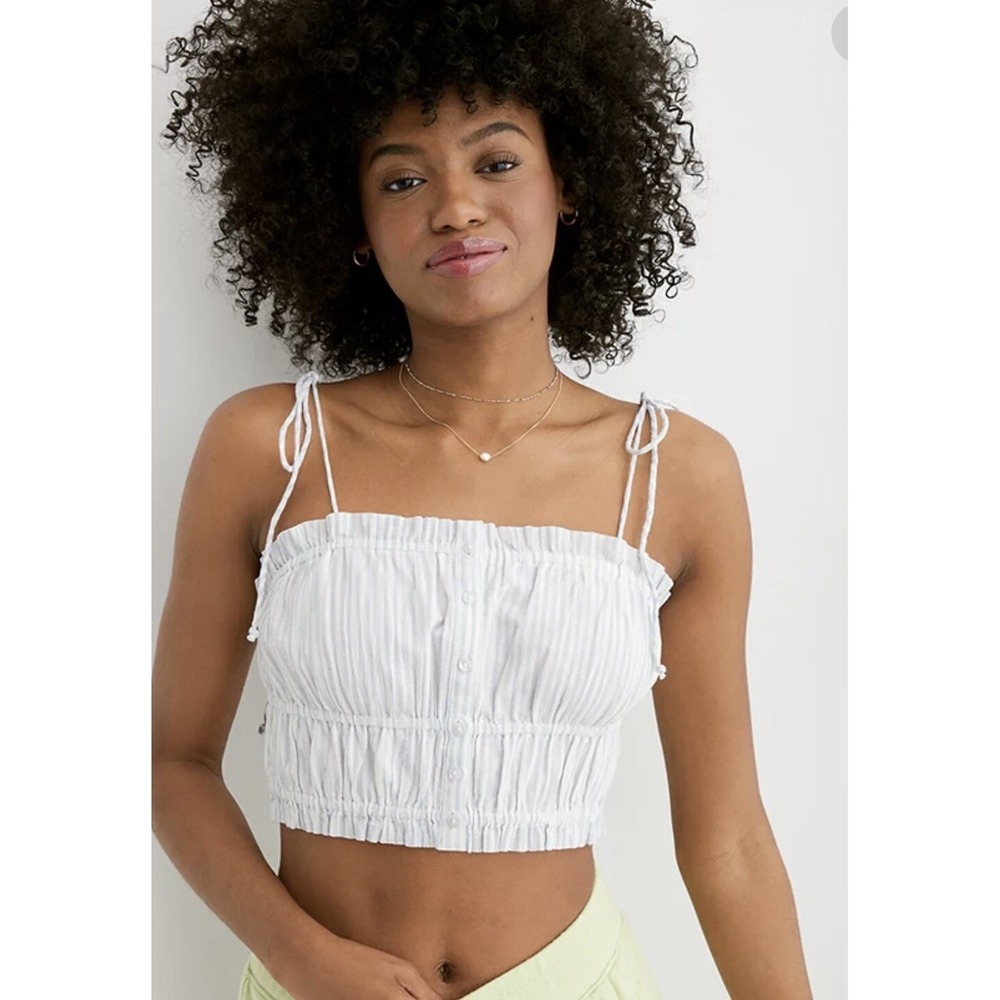 Aerie Women's Button Front‎ Tie Strap Blue and White Striped Tank Top Size Small